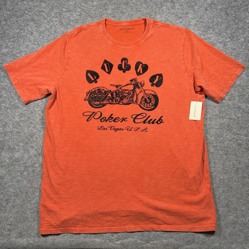 Lucky Brand Shirt Mens 2XLT Orange Poker Club Motorcycle Las Vegas Cotton Tee